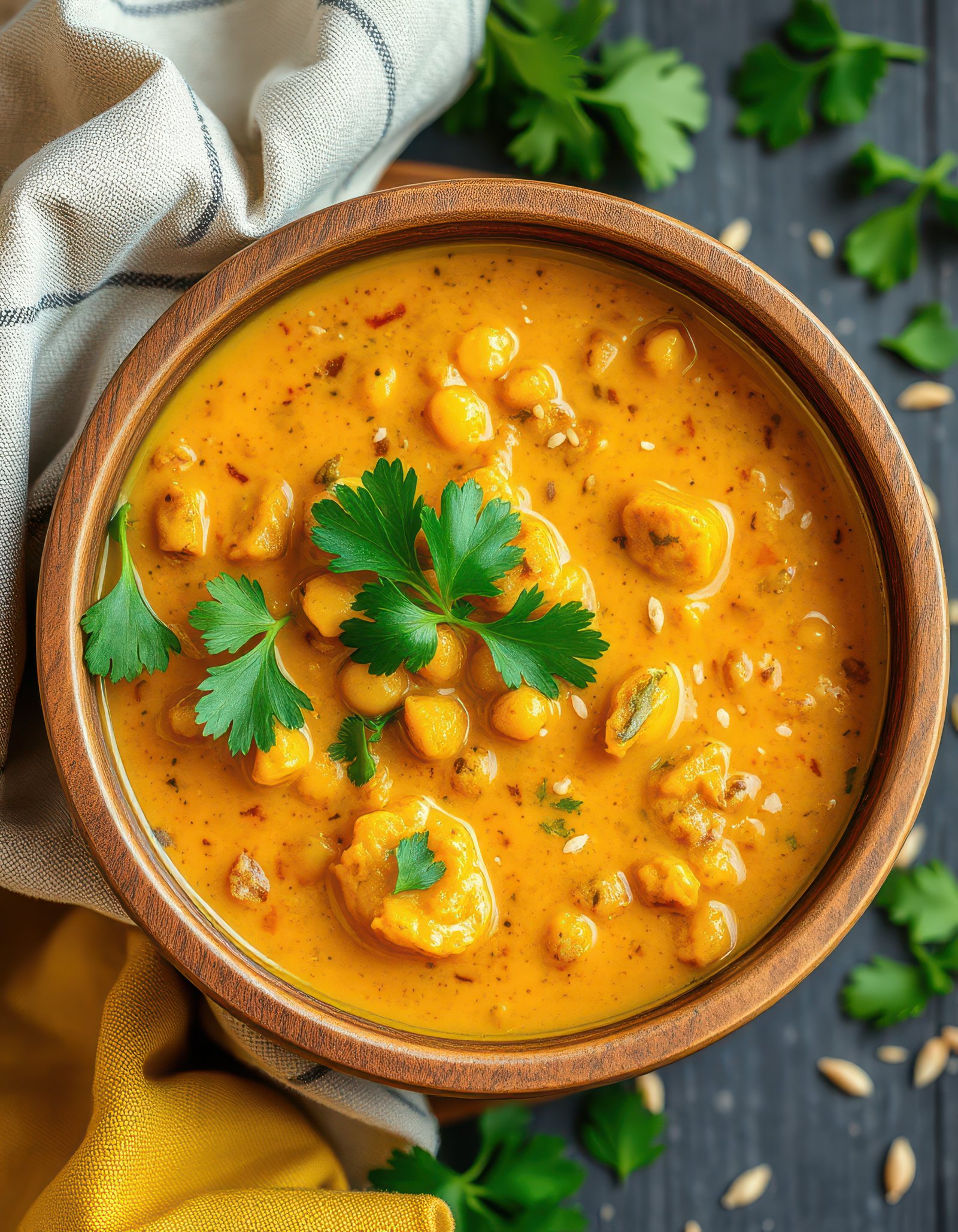 Golden chickpea curry, a flavorful and warming dish, garnished with fresh parsley sits in a rustic wooden bowl